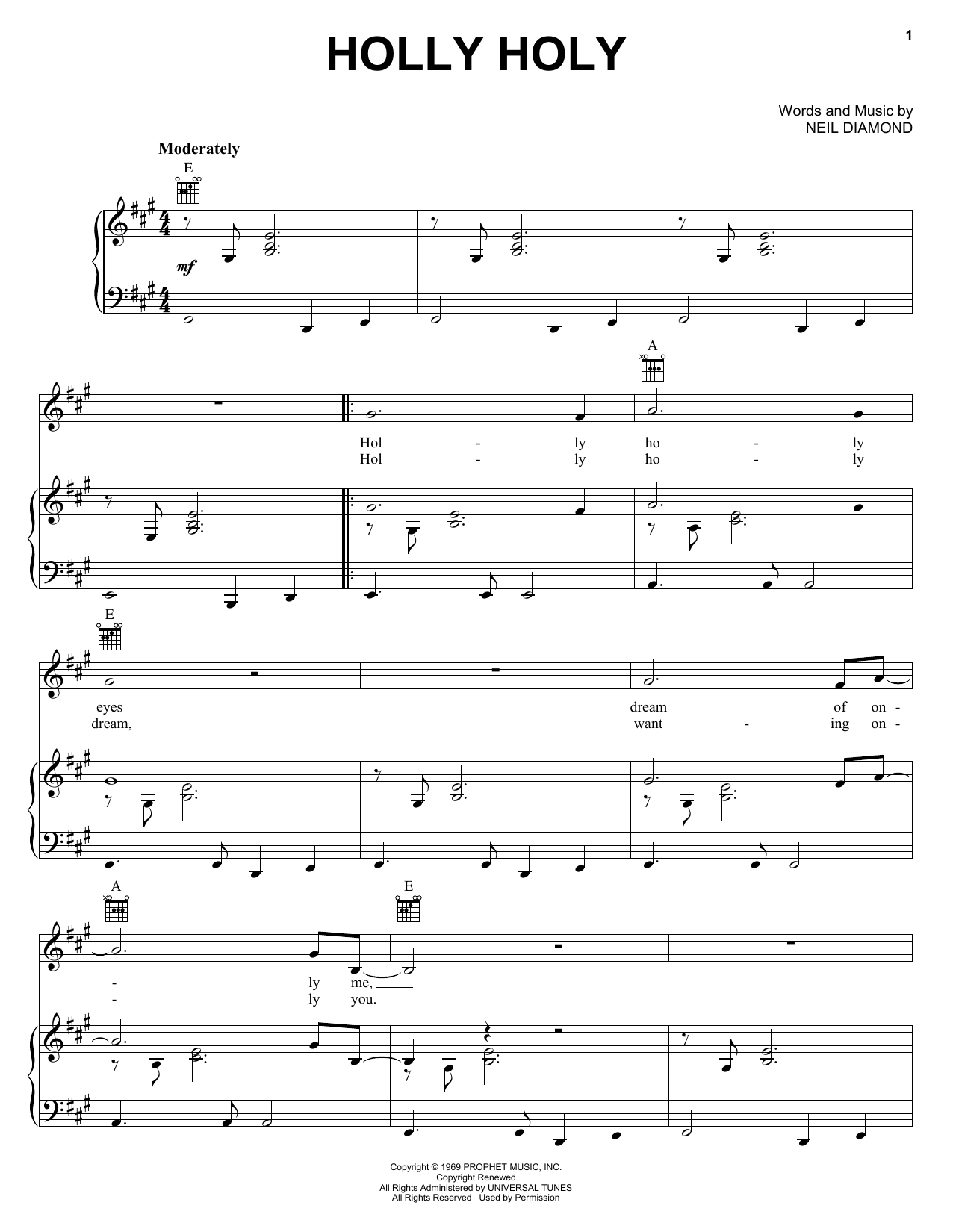 Download Neil Diamond Holly Holy Sheet Music and learn how to play Piano, Vocal & Guitar (Right-Hand Melody) PDF digital score in minutes