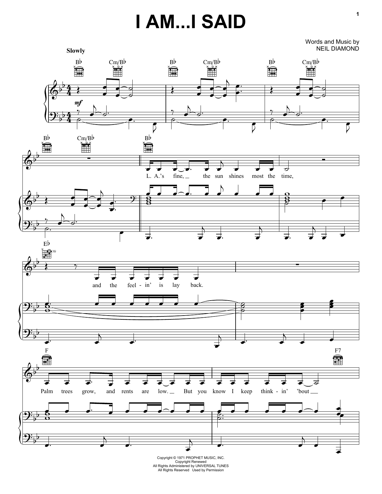 Download Neil Diamond I Am...I Said Sheet Music and learn how to play Lyrics & Chords PDF digital score in minutes