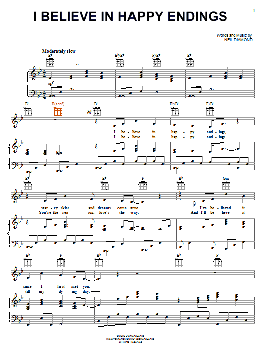 Download Neil Diamond I Believe In Happy Endings Sheet Music and learn how to play Piano, Vocal & Guitar (Right-Hand Melody) PDF digital score in minutes