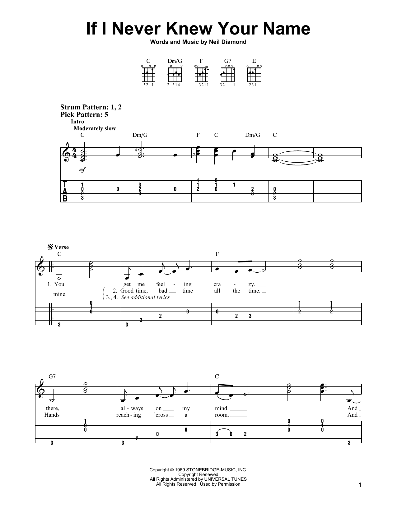Download Neil Diamond If I Never Knew Your Name Sheet Music and learn how to play Easy Guitar Tab PDF digital score in minutes