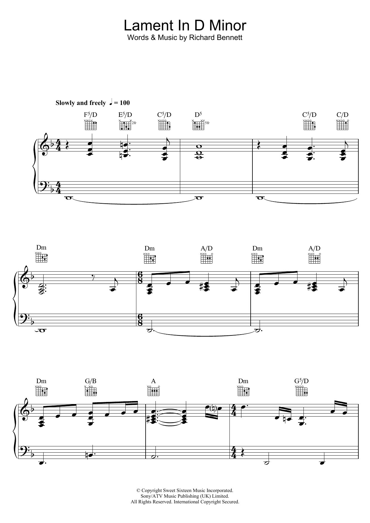 Download Neil Diamond Lament In D Minor Sheet Music and learn how to play Piano PDF digital score in minutes