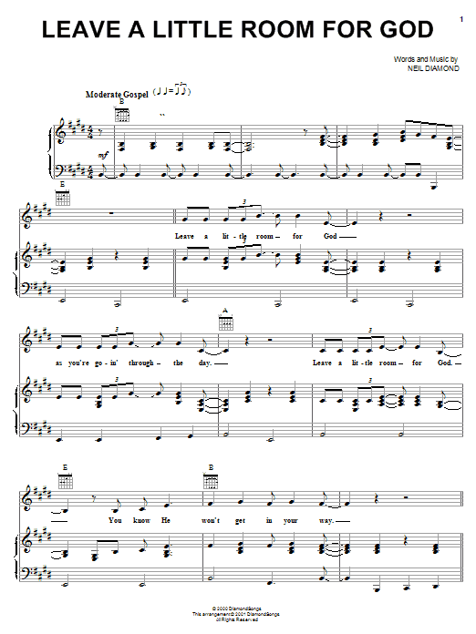Download Neil Diamond Leave A Little Room For God Sheet Music and learn how to play Piano, Vocal & Guitar (Right-Hand Melody) PDF digital score in minutes