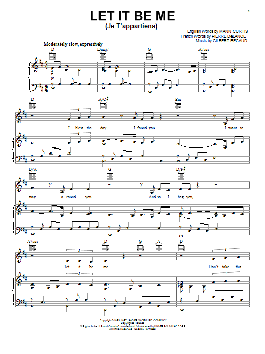 Download Neil Diamond Let It Be Me (Je T'appartiens) Sheet Music and learn how to play Piano, Vocal & Guitar (Right-Hand Melody) PDF digital score in minutes