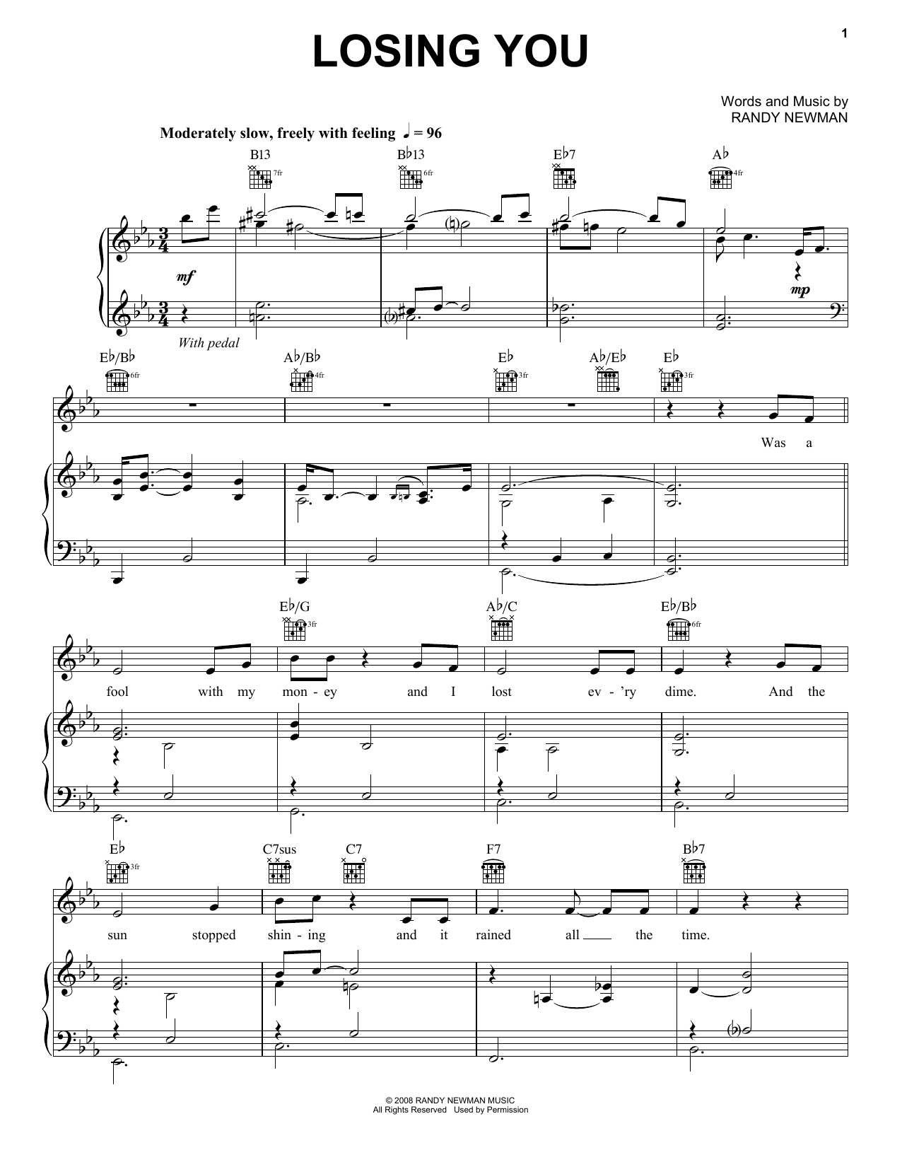 Download Neil Diamond Losing You Sheet Music and learn how to play Piano, Vocal & Guitar (Right-Hand Melody) PDF digital score in minutes