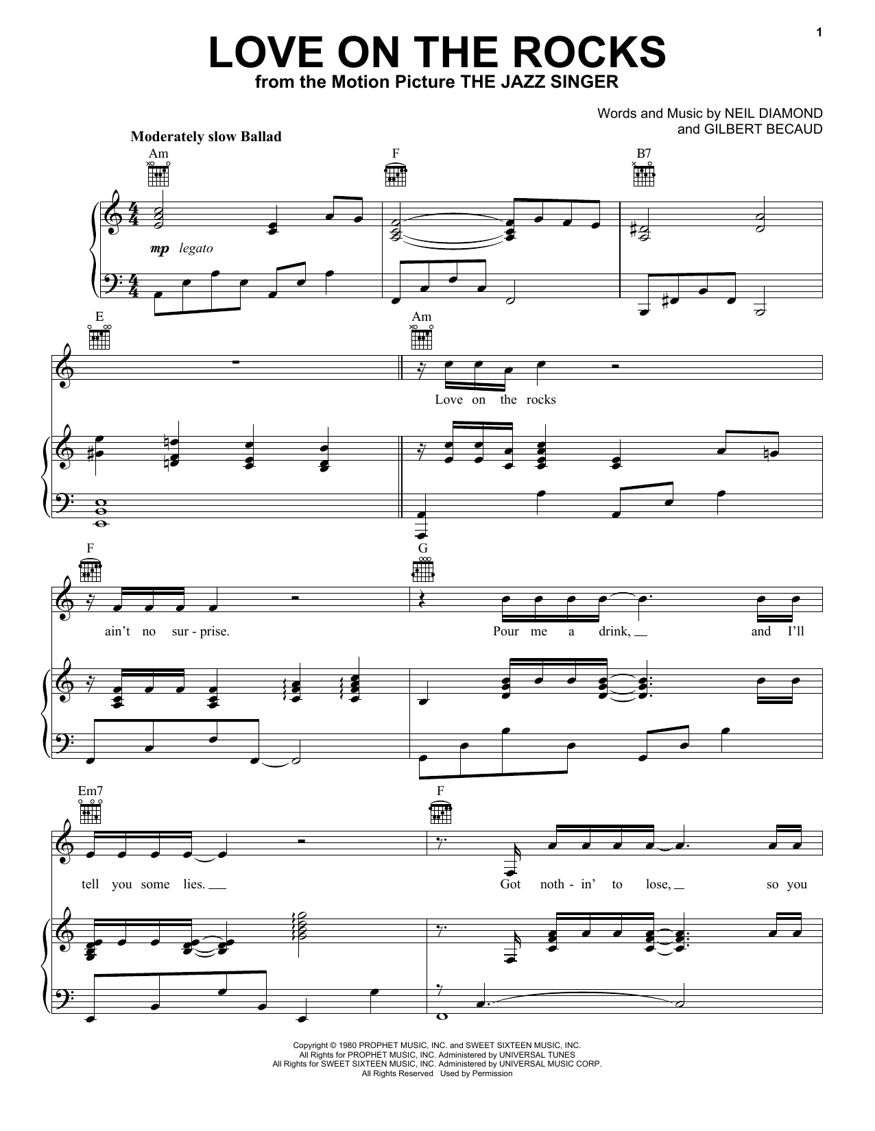 Download Neil Diamond Love On The Rocks (from The Jazz Singer) Sheet Music and learn how to play Guitar with strumming patterns PDF digital score in minutes