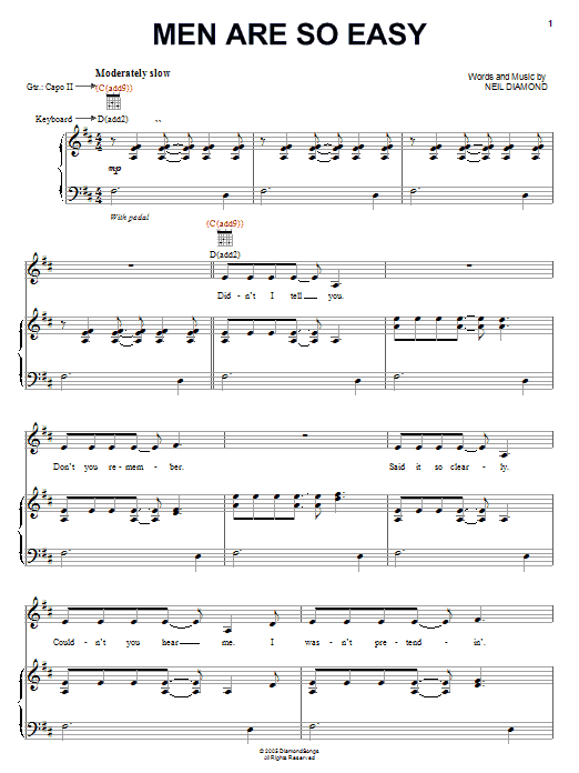 Download Neil Diamond Men Are So Easy Sheet Music and learn how to play Piano, Vocal & Guitar (Right-Hand Melody) PDF digital score in minutes
