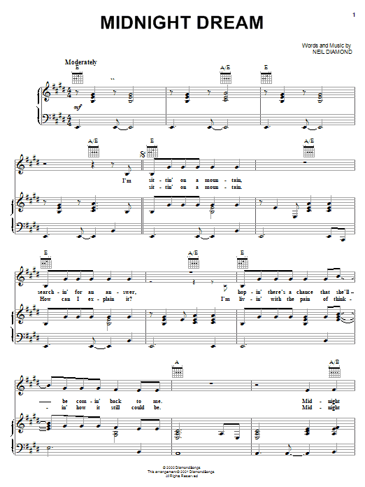 Download Neil Diamond Midnight Dream Sheet Music and learn how to play Piano, Vocal & Guitar (Right-Hand Melody) PDF digital score in minutes