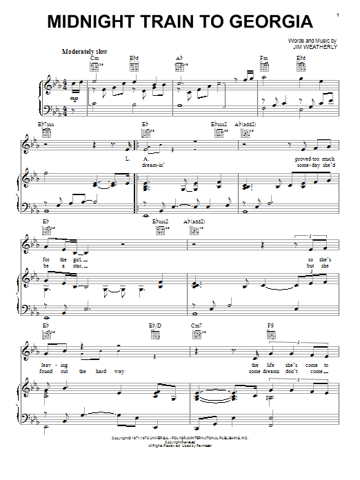 Download Neil Diamond Midnight Train To Georgia Sheet Music and learn how to play Piano, Vocal & Guitar (Right-Hand Melody) PDF digital score in minutes