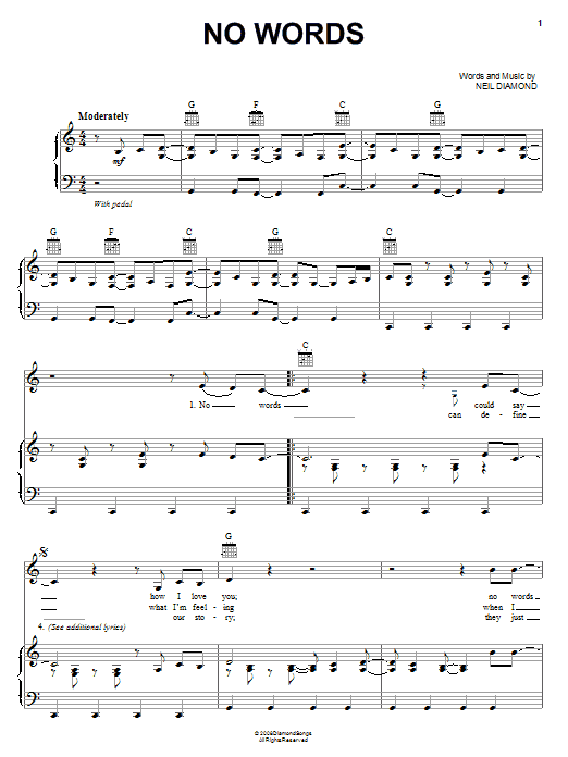 Download Neil Diamond No Words Sheet Music and learn how to play Piano, Vocal & Guitar (Right-Hand Melody) PDF digital score in minutes