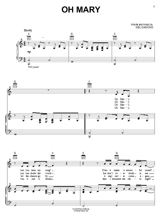 Download Neil Diamond Oh Mary Sheet Music and learn how to play Piano, Vocal & Guitar (Right-Hand Melody) PDF digital score in minutes