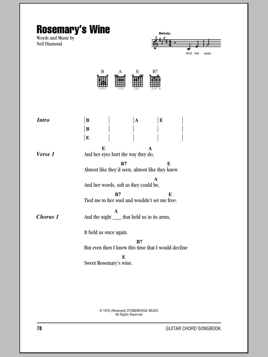 Download Neil Diamond Rosemary's Wine Sheet Music and learn how to play Lyrics & Chords PDF digital score in minutes