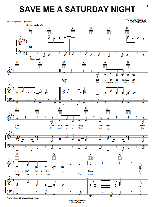 Download Neil Diamond Save Me A Saturday Night Sheet Music and learn how to play Piano, Vocal & Guitar (Right-Hand Melody) PDF digital score in minutes