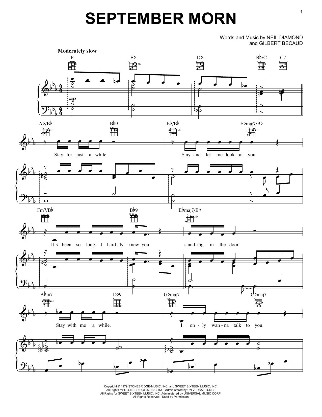 Download Neil Diamond September Morn Sheet Music and learn how to play Lyrics & Chords PDF digital score in minutes