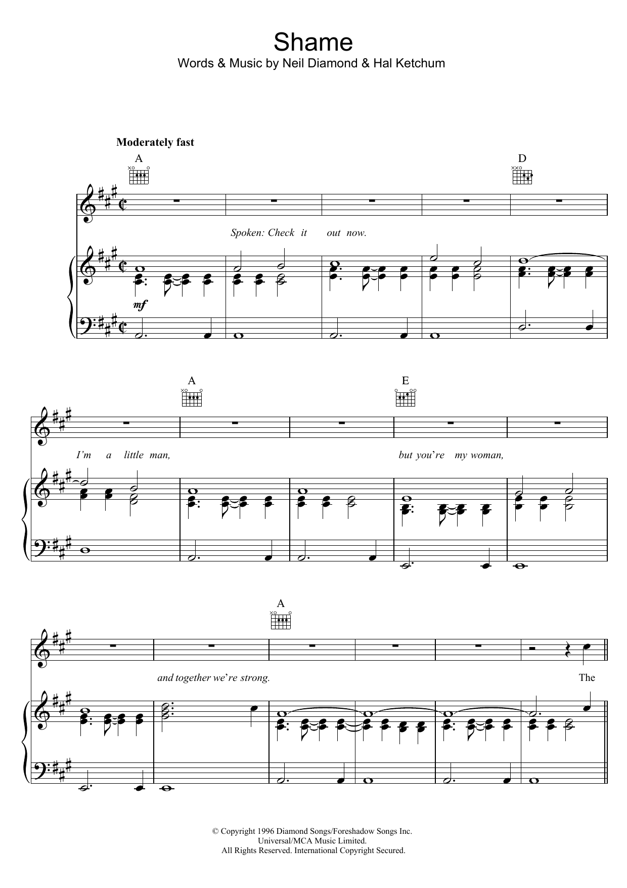 Download Neil Diamond Shame Sheet Music and learn how to play Piano, Vocal & Guitar (Right-Hand Melody) PDF digital score in minutes