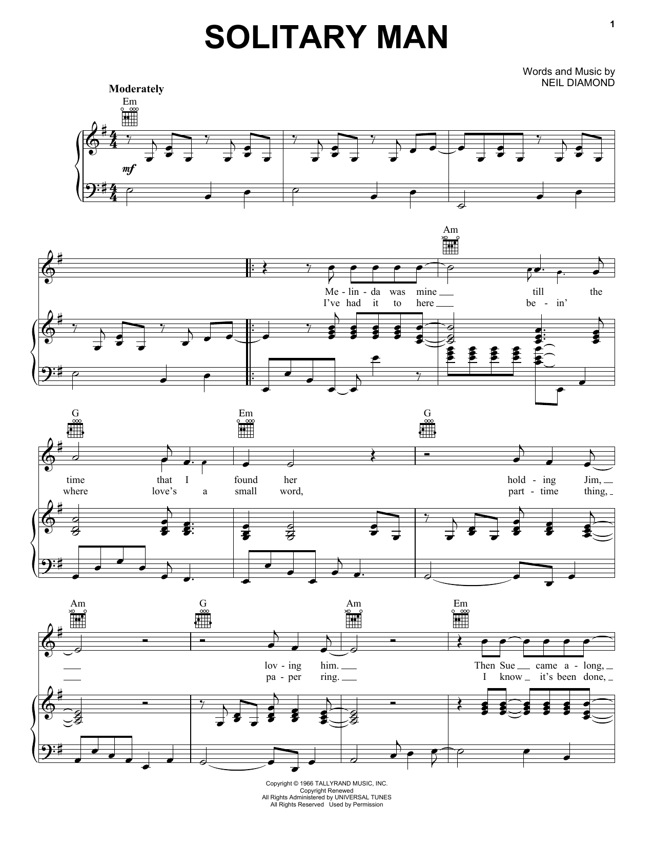 Download H.I.M. Solitary Man Sheet Music and learn how to play Melody Line, Lyrics & Chords PDF digital score in minutes