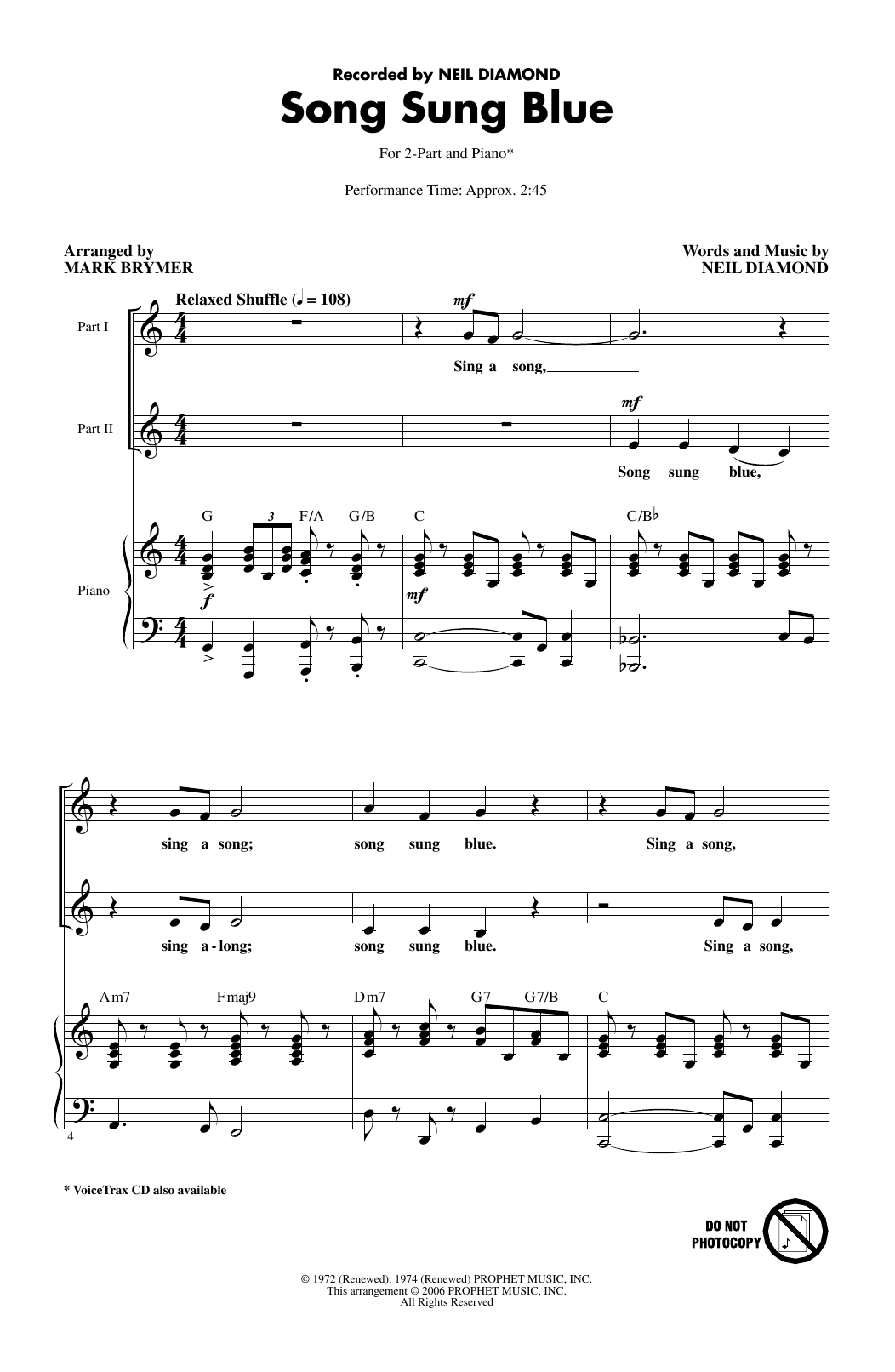 Download Neil Diamond Song Sung Blue (arr. Mark Brymer) Sheet Music and learn how to play 2-Part Choir PDF digital score in minutes