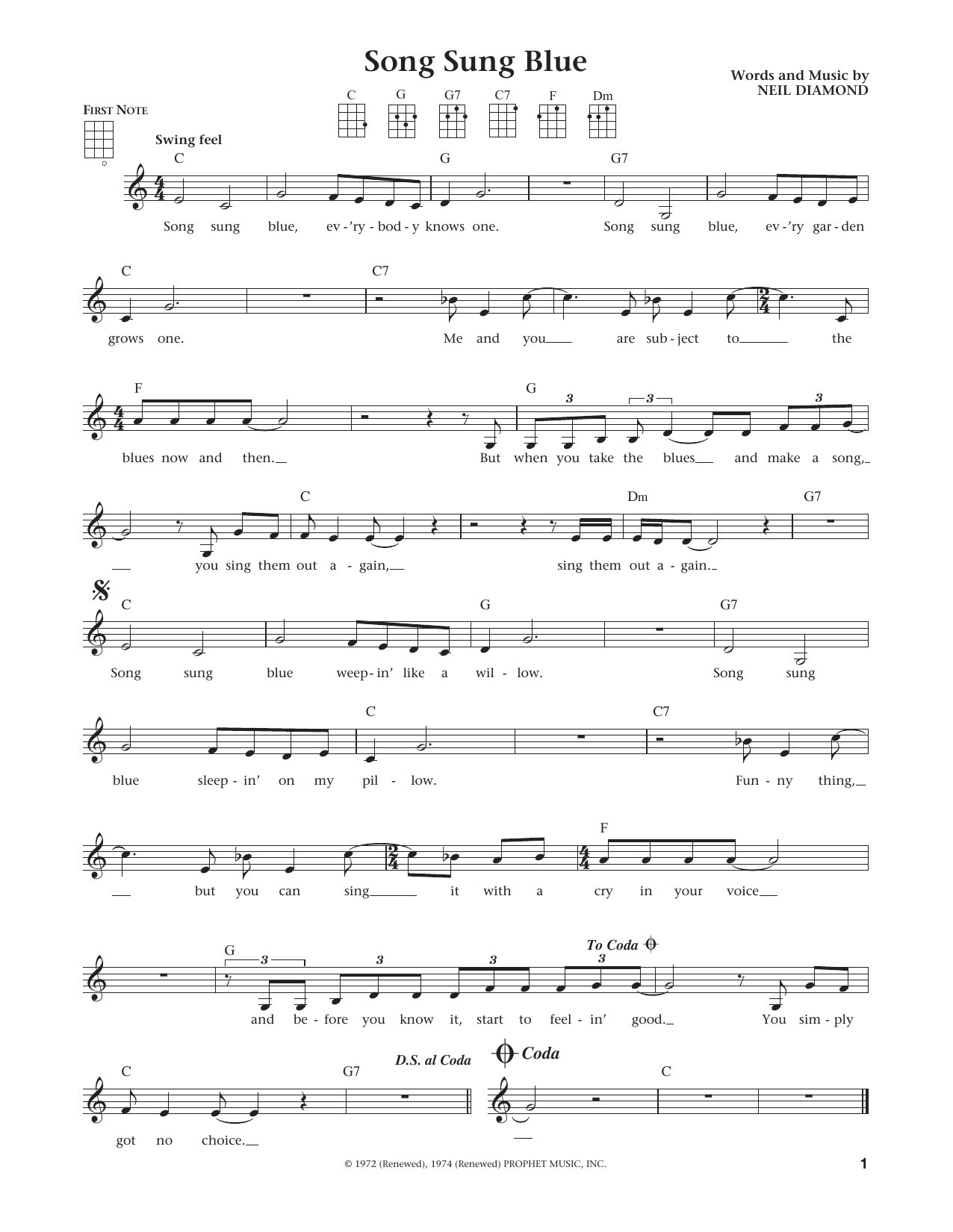 Download Neil Diamond Song Sung Blue Sheet Music and learn how to play Ukulele PDF digital score in minutes