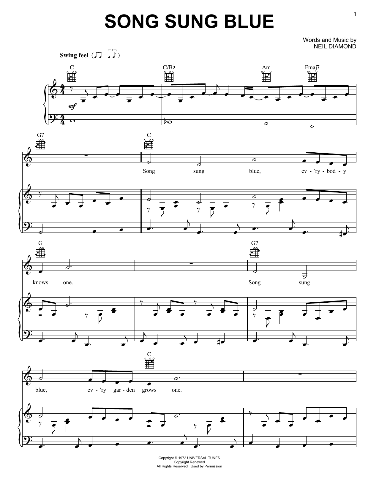 Download Neil Diamond Sheet Music and learn how to play Piano, Vocal & Guitar (Right-Hand Melody) PDF score in minutes