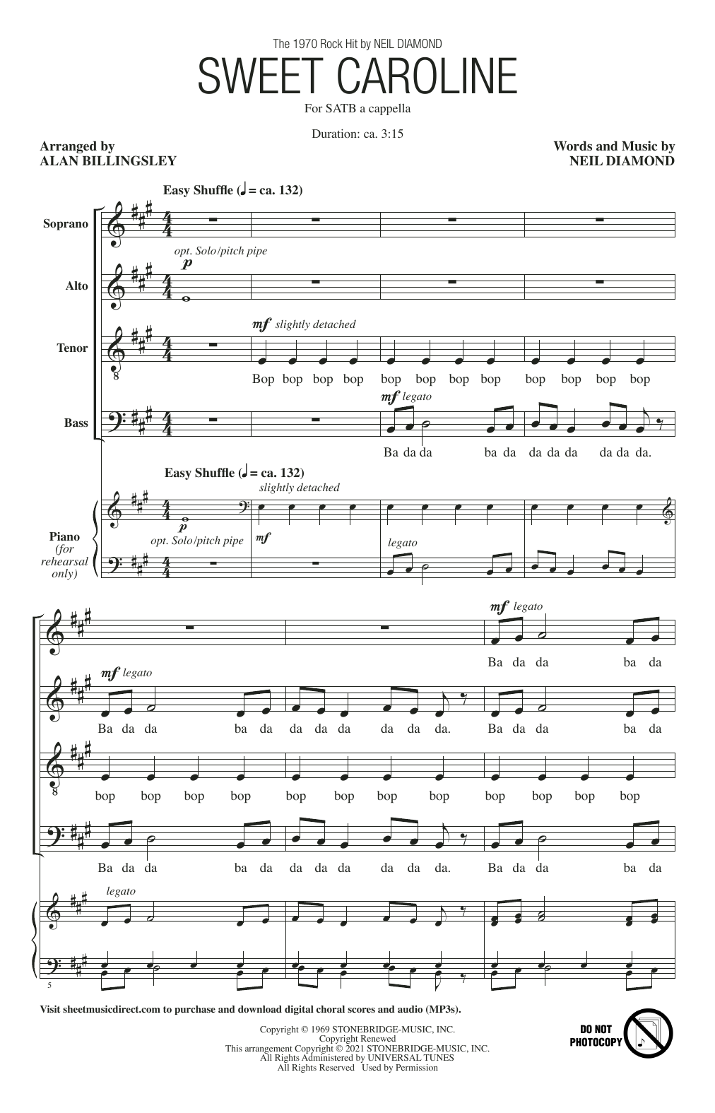 Download Neil Diamond Sweet Caroline (arr. Alan Billingsley) Sheet Music and learn how to play SATB Choir PDF digital score in minutes