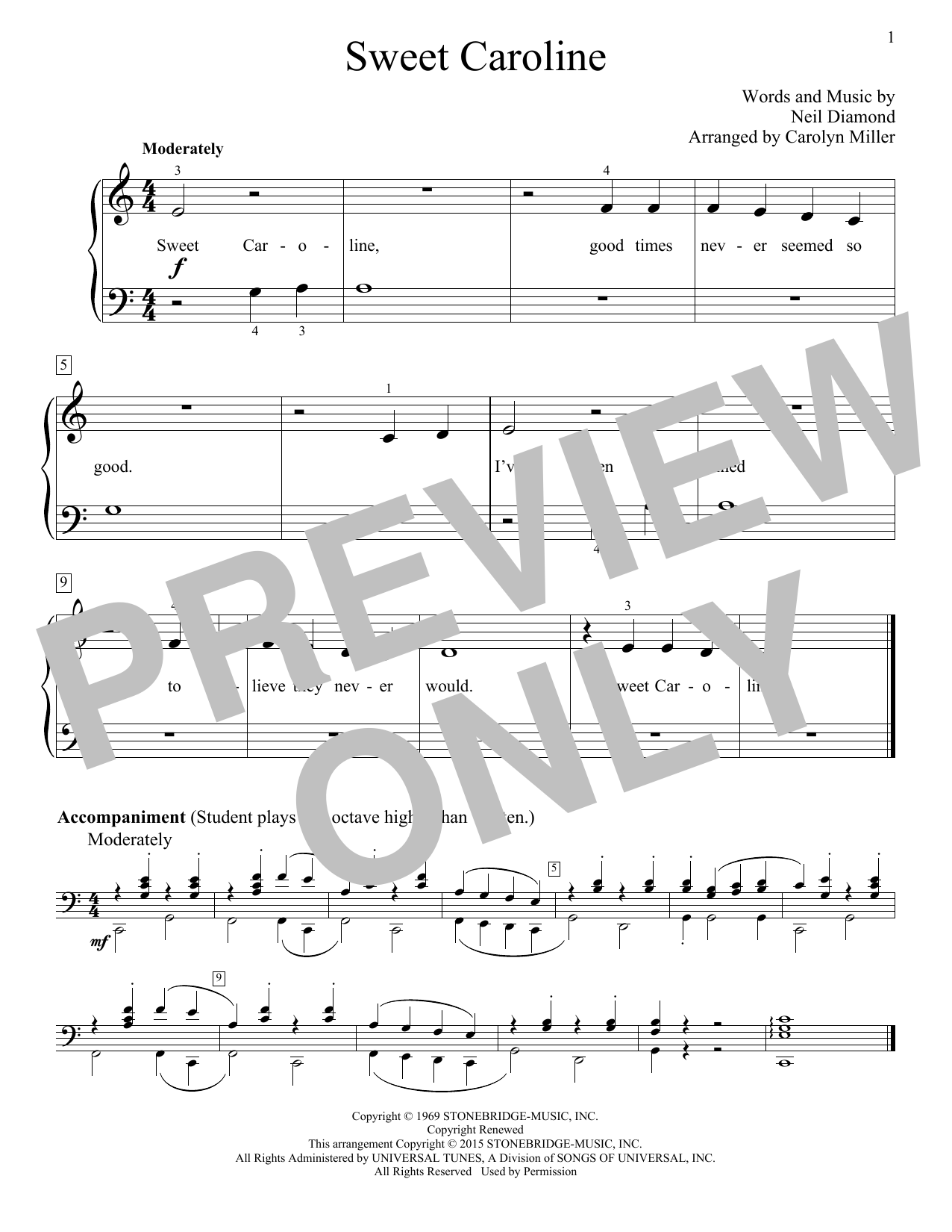 Download Neil Diamond Sweet Caroline Sheet Music and learn how to play Easy Piano PDF digital score in minutes