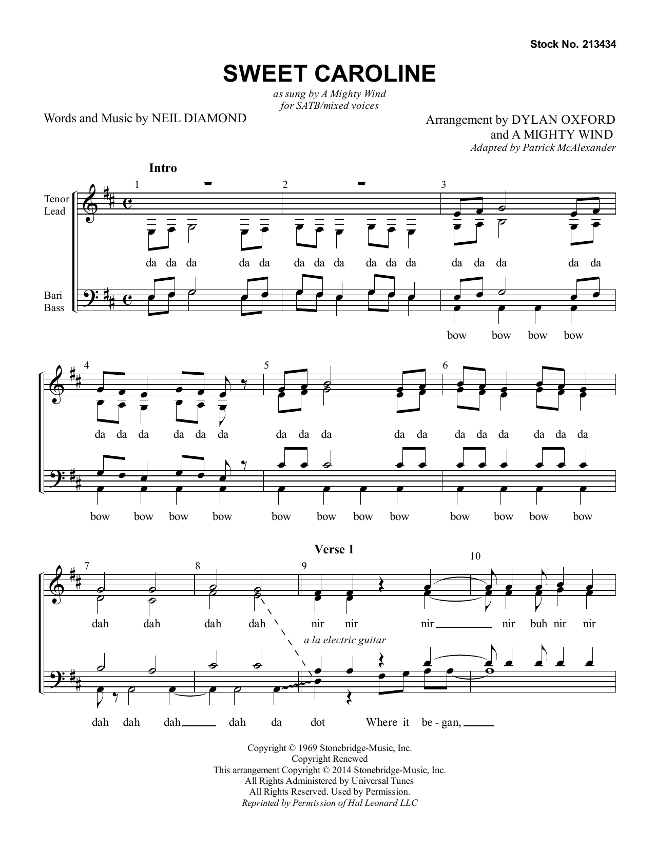 Download Neil Diamond Sweet Caroline (arr. Dylan Oxford & A Mighty Wind) Sheet Music and learn how to play SATB Choir PDF digital score in minutes