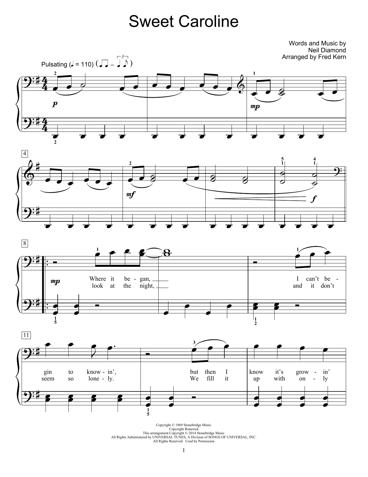 Download Fred Kern Sweet Caroline Sheet Music and learn how to play Easy Piano PDF digital score in minutes