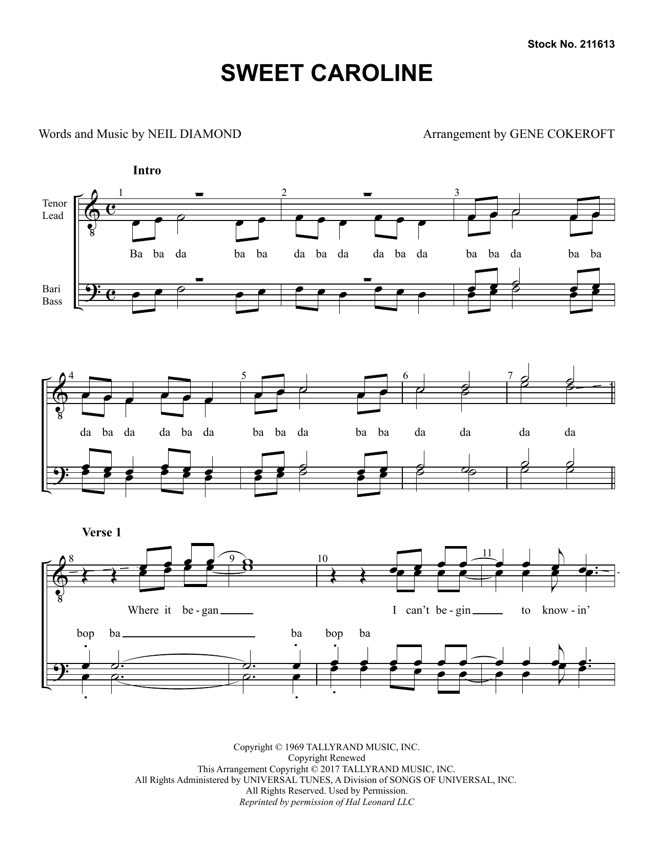 Download Neil Diamond Sweet Caroline (arr. Gene Cokeroft) Sheet Music and learn how to play TTBB Choir PDF digital score in minutes