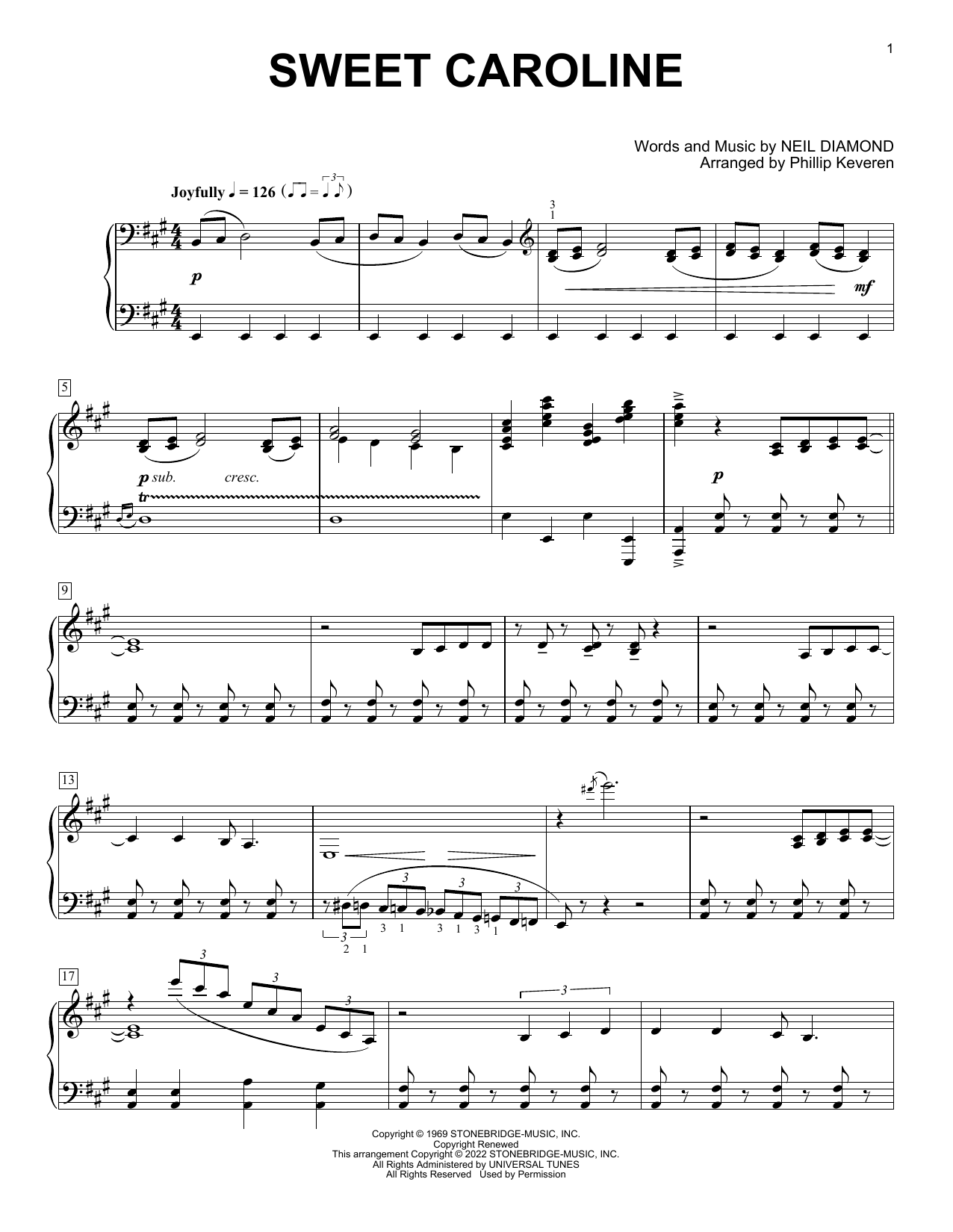 Download Neil Diamond Sweet Caroline (arr. Phillip Keveren) Sheet Music and learn how to play Piano Solo PDF digital score in minutes