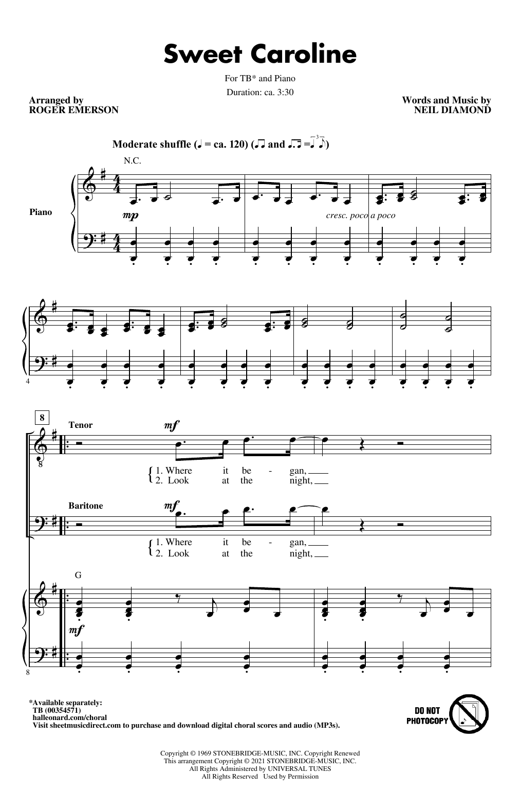Download Neil Diamond Sweet Caroline (arr. Roger Emerson) Sheet Music and learn how to play TB Choir PDF digital score in minutes