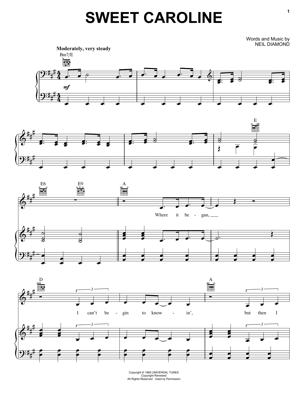 Download Neil Diamond Sweet Caroline Sheet Music and learn how to play Voice PDF digital score in minutes