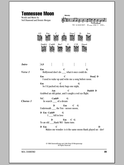 Download Neil Diamond Tennessee Moon Sheet Music and learn how to play Piano, Vocal & Guitar (Right-Hand Melody) PDF digital score in minutes