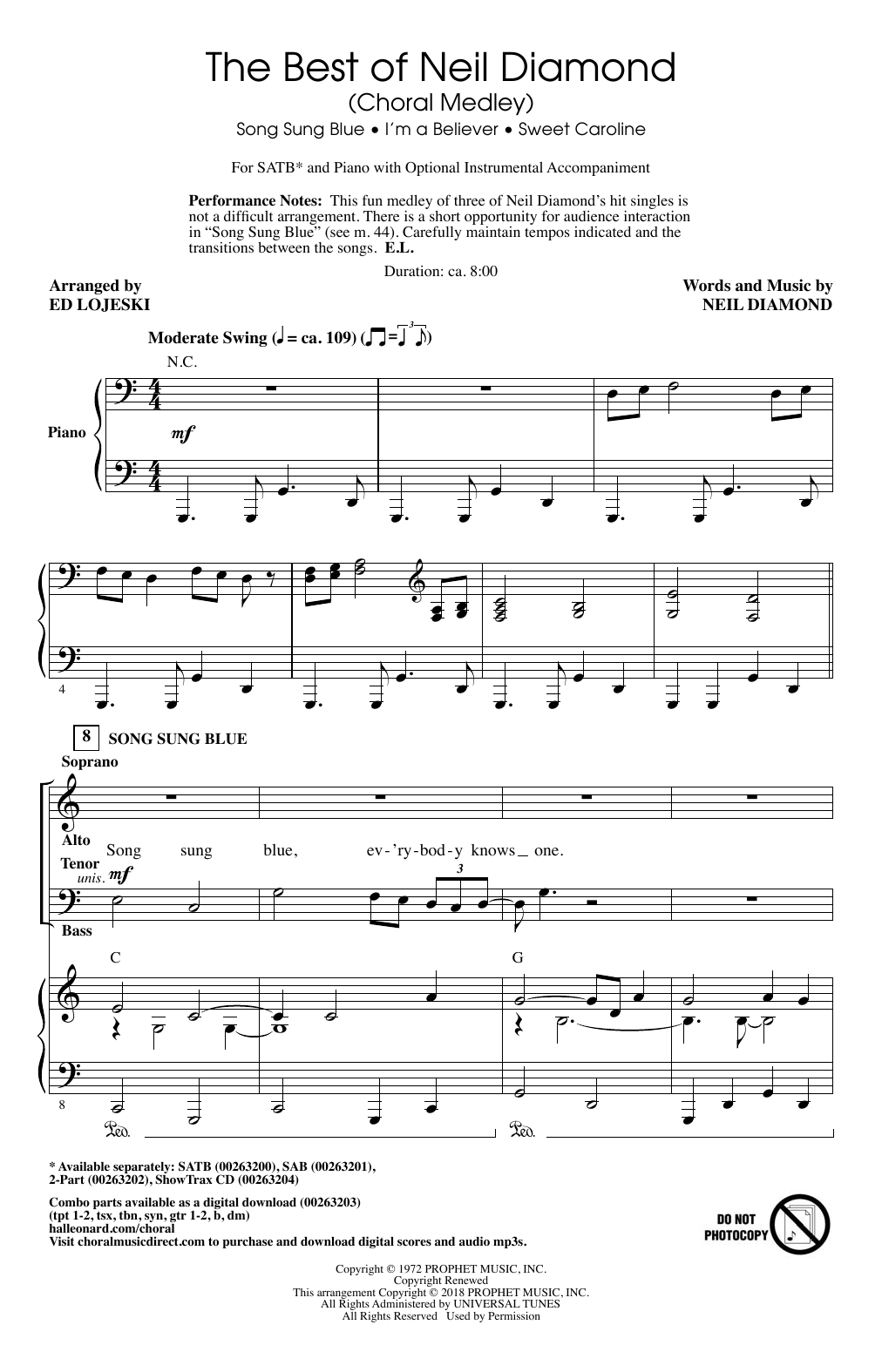 Download Neil Diamond The Best of Neil Diamond (arr. Ed Lojeski) Sheet Music and learn how to play 2-Part Choir PDF digital score in minutes