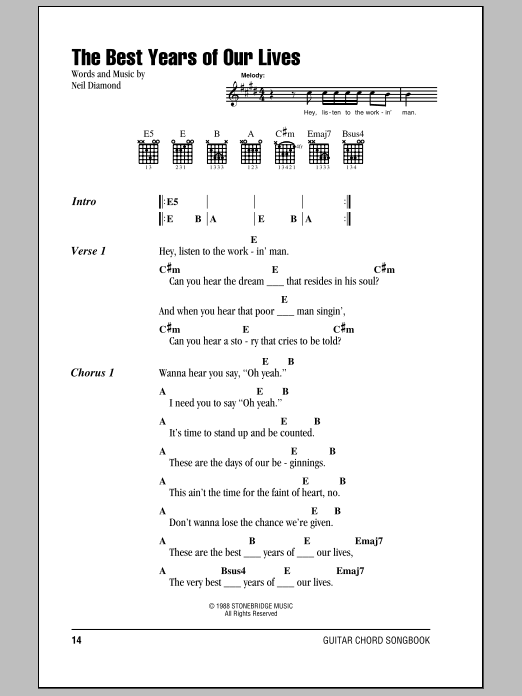 Download Neil Diamond The Best Years Of Our Lives Sheet Music and learn how to play Lyrics & Chords PDF digital score in minutes
