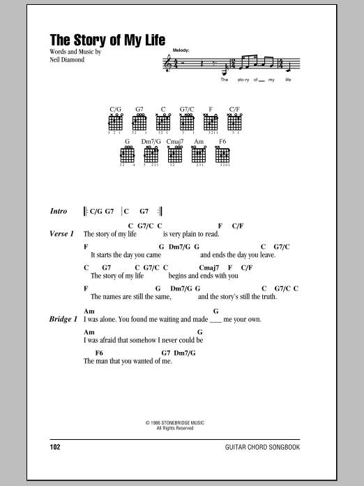 Download Neil Diamond The Story Of My Life Sheet Music and learn how to play Piano, Vocal & Guitar (Right-Hand Melody) PDF digital score in minutes