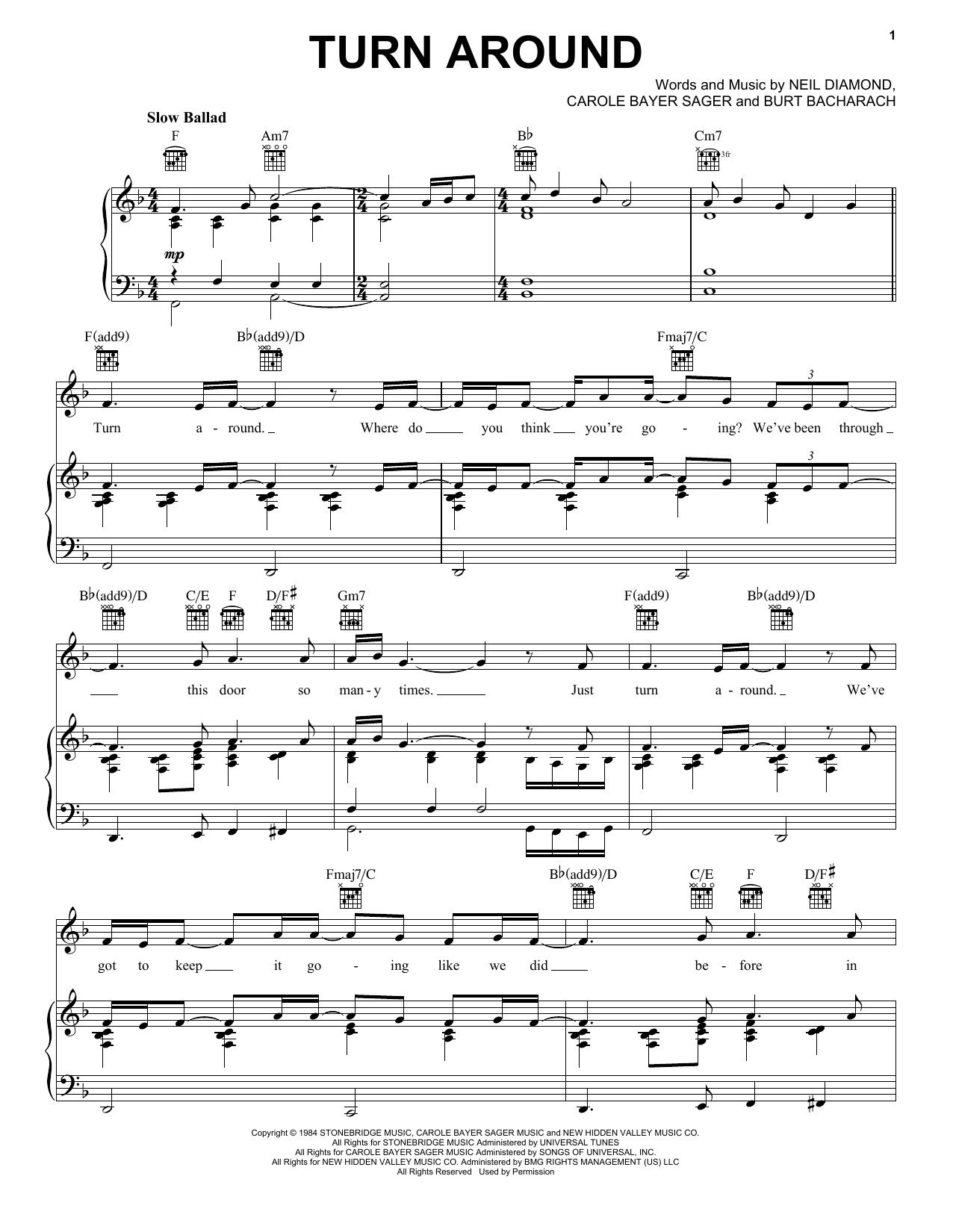 Download Neil Diamond Turn Around Sheet Music and learn how to play Piano, Vocal & Guitar Chords (Right-Hand Melody) PDF digital score in minutes
