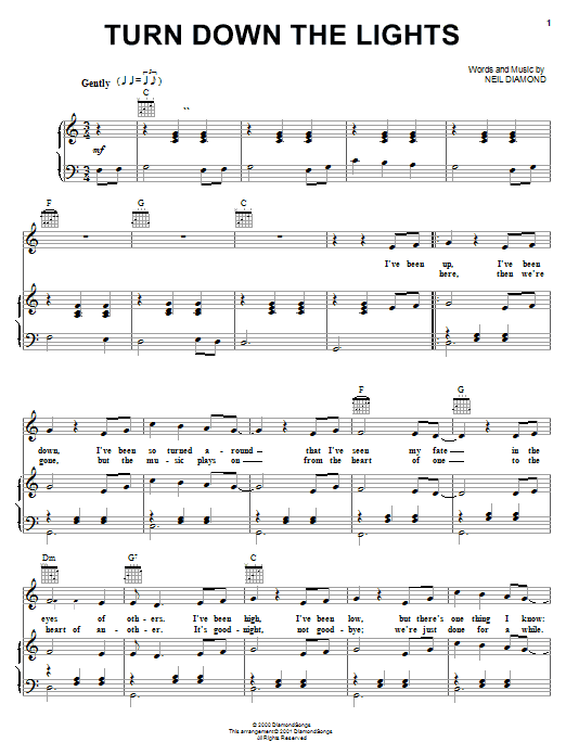Download Neil Diamond Turn Down The Lights Sheet Music and learn how to play Piano, Vocal & Guitar (Right-Hand Melody) PDF digital score in minutes