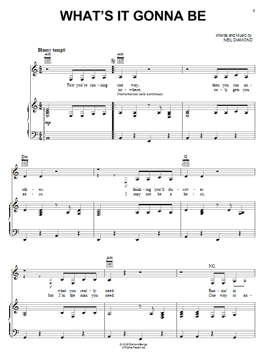 Download Neil Diamond What's It Gonna Be Sheet Music and learn how to play Piano, Vocal & Guitar (Right-Hand Melody) PDF digital score in minutes