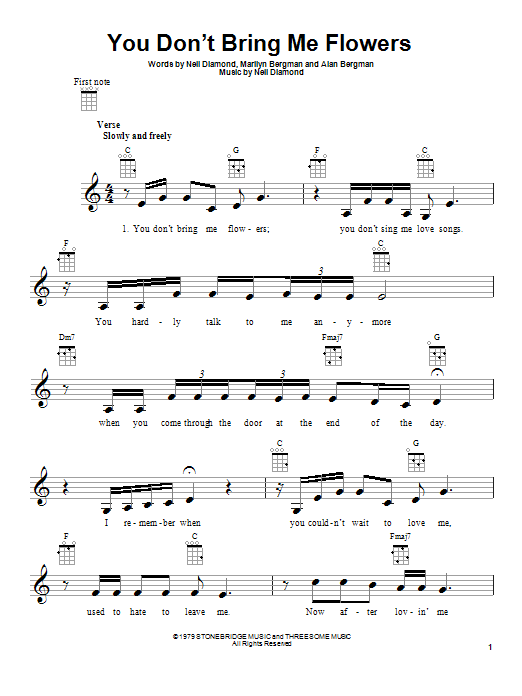 Download Neil Diamond You Don't Bring Me Flowers Sheet Music and learn how to play Ukulele PDF digital score in minutes