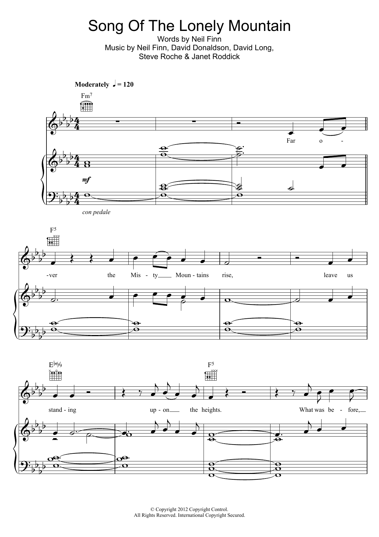 Download Neil Finn Song Of The Lonely Mountain (from The Hobbit) Sheet Music and learn how to play Piano, Vocal & Guitar (Right-Hand Melody) PDF digital score in minutes