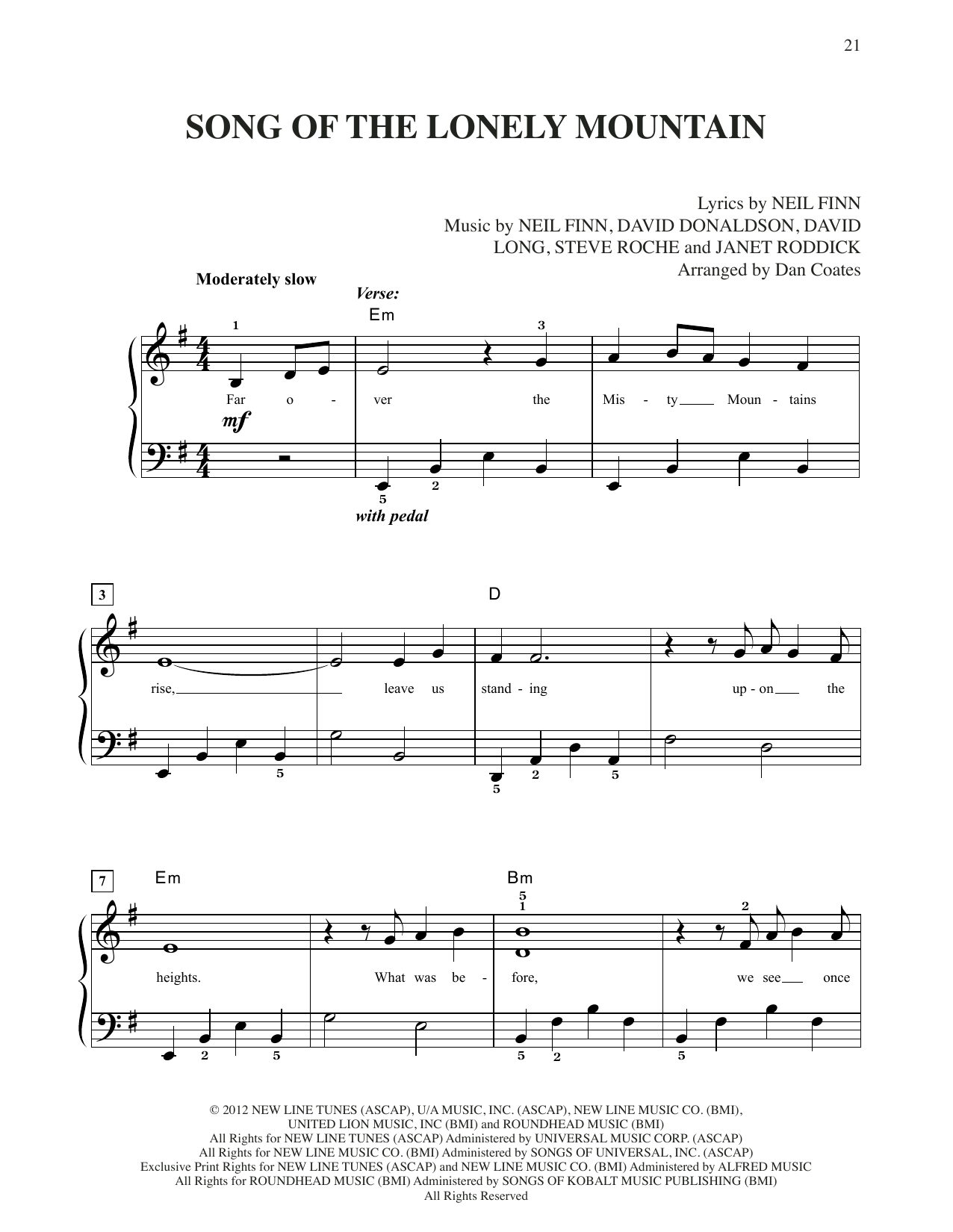 Download Neil Finn Song Of The Lonely Mountain (from The Hobbit: An Unexpected Journey) Sheet Music and learn how to play Big Note Piano PDF digital score in minutes