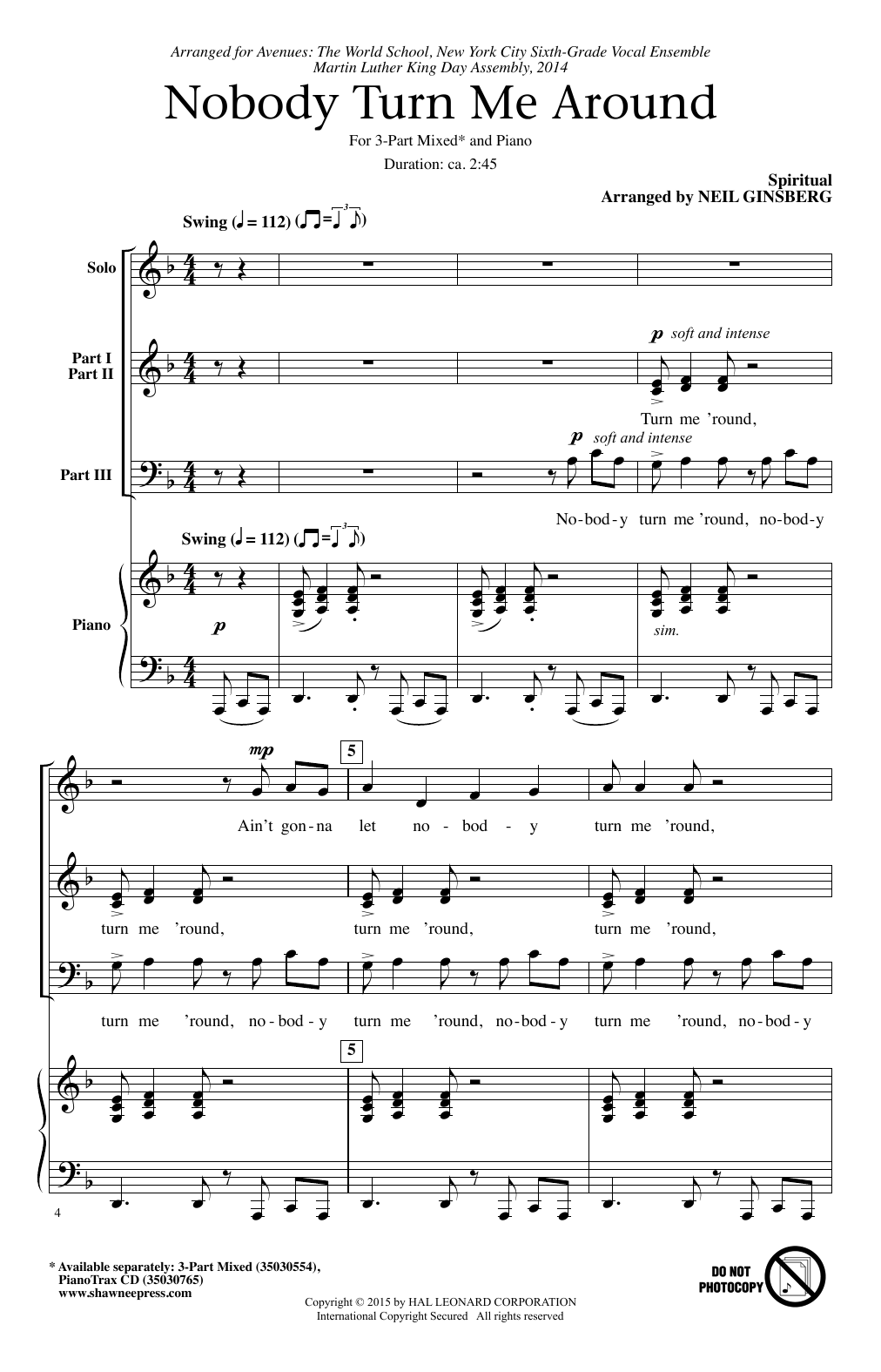 Download African-American Folksong Ain't Gon' Let Nobody Turn Me Round (arr. Neil Ginsberg) Sheet Music and learn how to play 3-Part Mixed PDF digital score in minutes