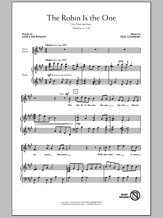 Download Neil Ginsberg The Robin Is The One Sheet Music and learn how to play 2-Part Choir PDF digital score in minutes