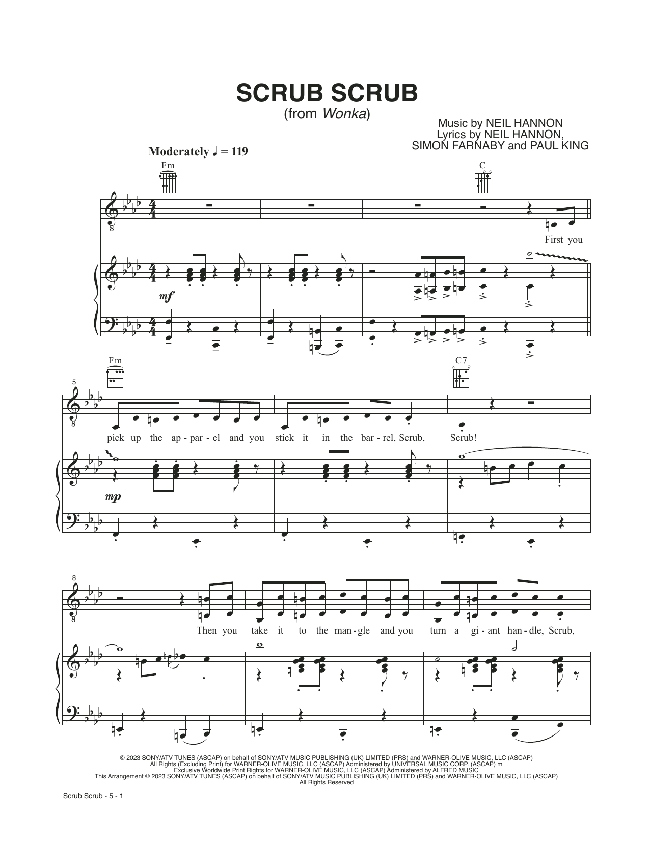 Download Neil Hannon Scrub Scrub (from Wonka) Sheet Music and learn how to play Piano, Vocal & Guitar Chords (Right-Hand Melody) PDF digital score in minutes