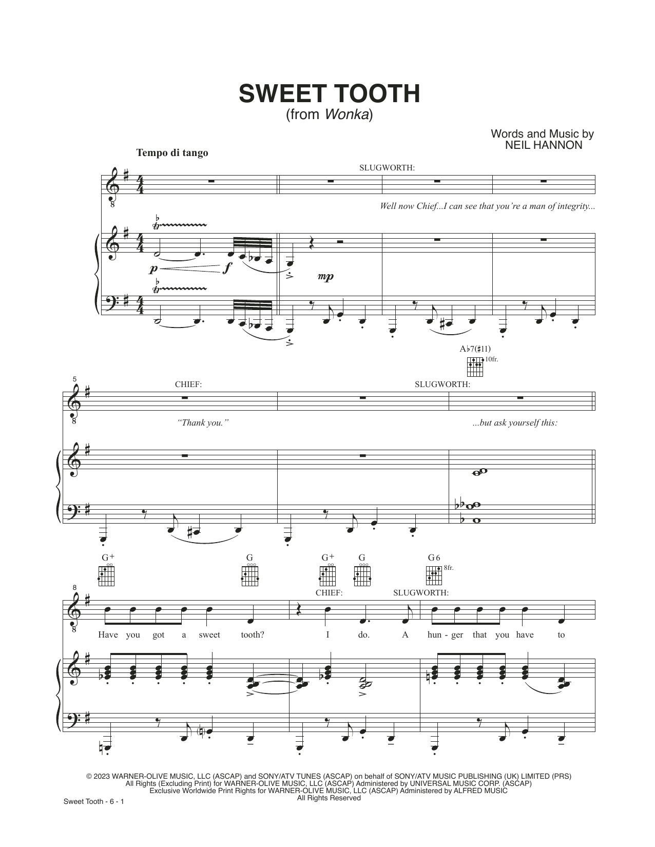 Download Neil Hannon Sweet Tooth (from Wonka) Sheet Music and learn how to play Piano, Vocal & Guitar Chords (Right-Hand Melody) PDF digital score in minutes