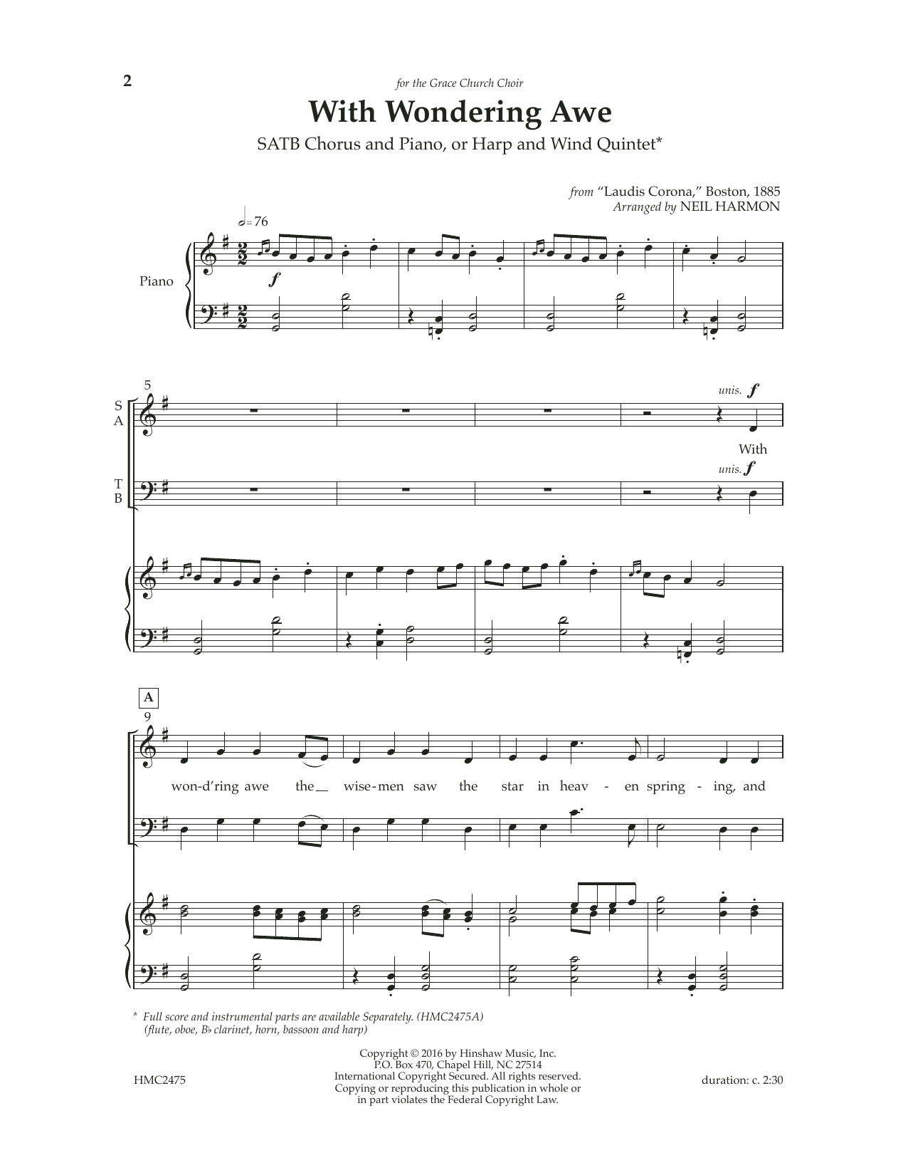 Download Neil Harmon With Wondering Awe Sheet Music and learn how to play SATB Choir PDF digital score in minutes