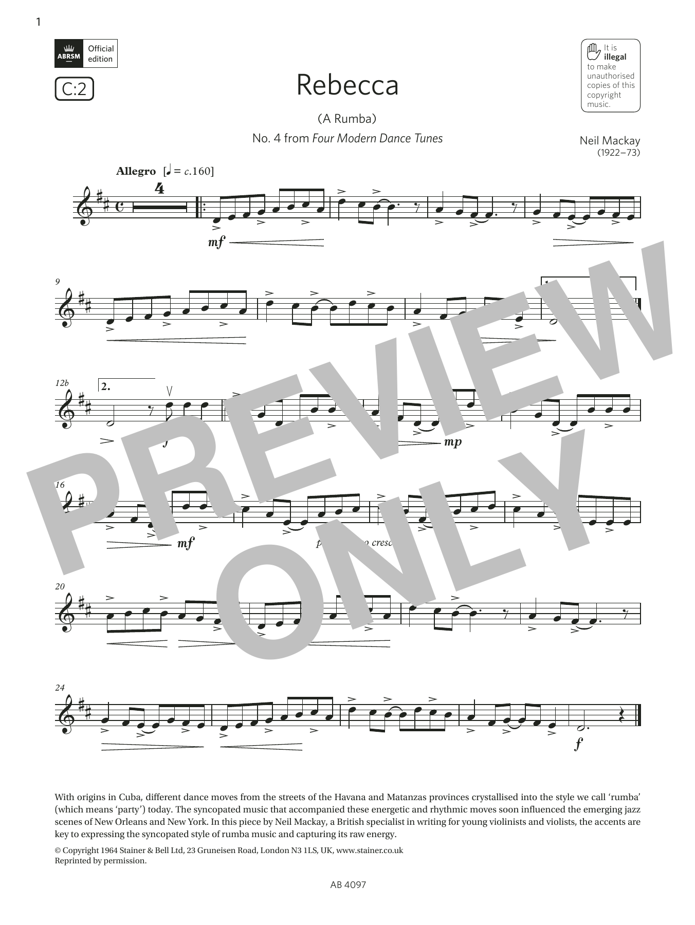 Download Neil Mackay Rebecca (A Rumba) (Grade 3, C2, from the ABRSM Violin Syllabus from 2024) Sheet Music and learn how to play Violin Solo PDF digital score in minutes
