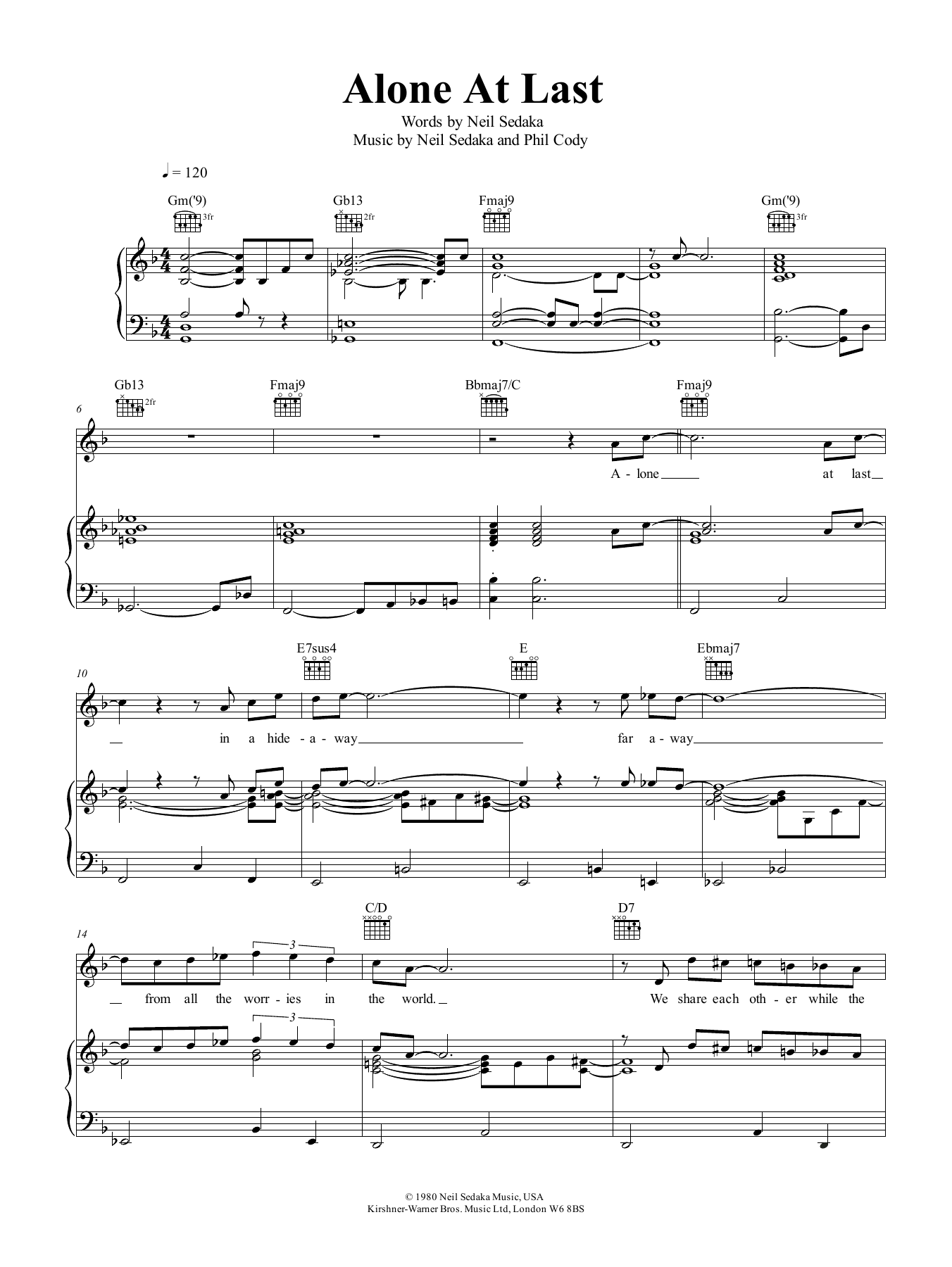 Download Neil Sedaka Alone At Last Sheet Music and learn how to play Piano, Vocal & Guitar (Right-Hand Melody) PDF digital score in minutes