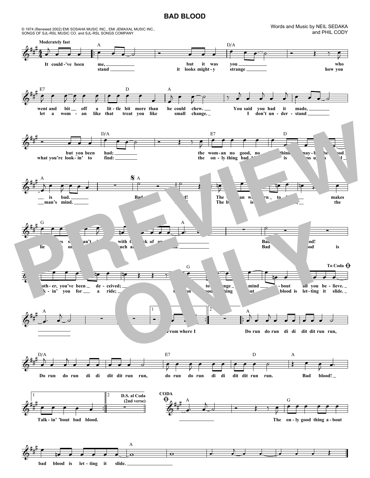 Download Neil Sedaka Bad Blood Sheet Music and learn how to play Melody Line, Lyrics & Chords PDF digital score in minutes