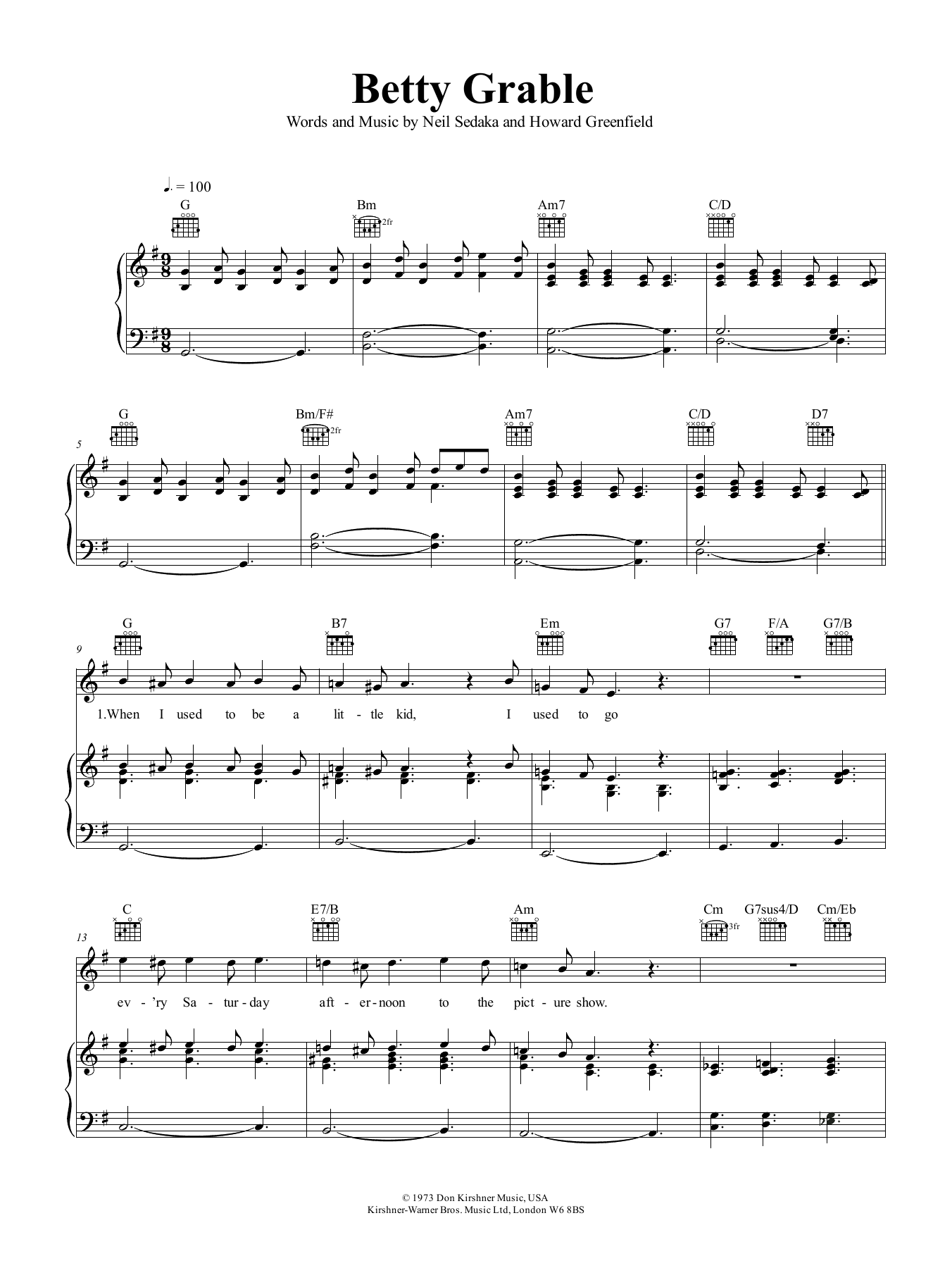 Download Neil Sedaka Betty Grable Sheet Music and learn how to play Piano, Vocal & Guitar (Right-Hand Melody) PDF digital score in minutes