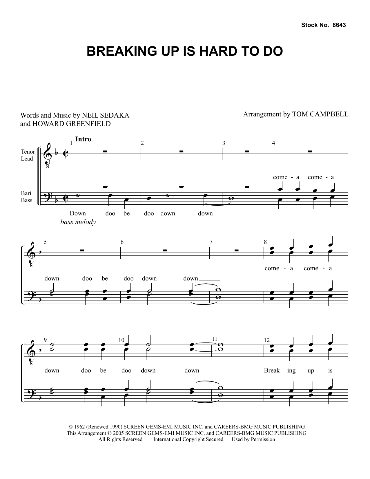 Download Neil Sedaka Breaking Up Is Hard To Do (arr. Tom Campbell) Sheet Music and learn how to play SATB Choir PDF digital score in minutes